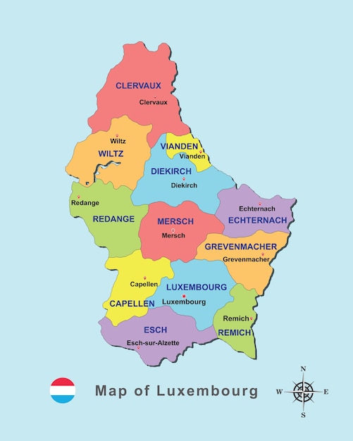 Colorful map of luxembourg with capital city on blue background vector illustration.