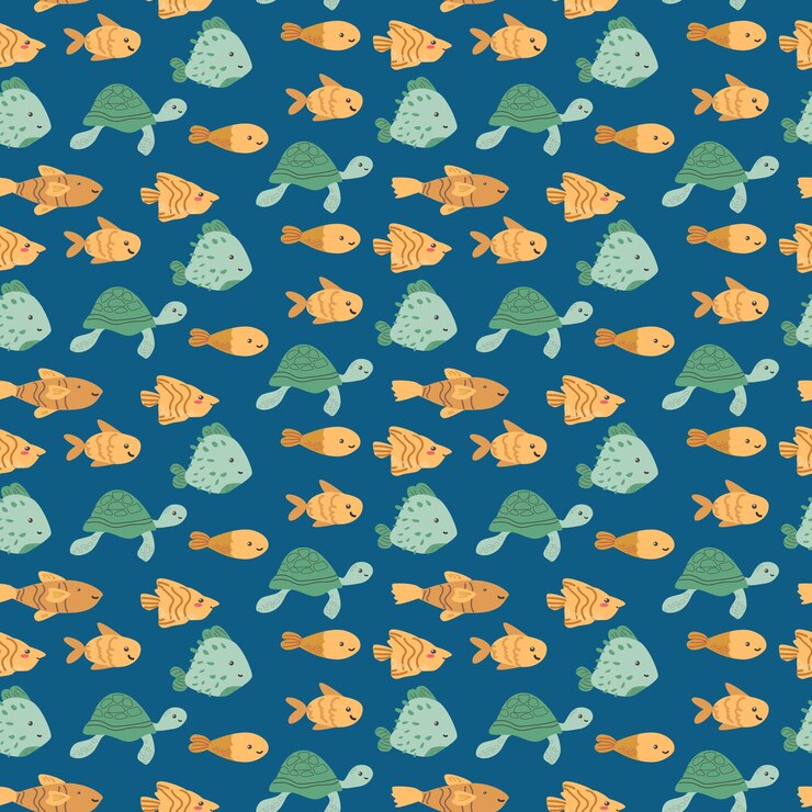 Vector colorful marine pattern with turtles fish and pufferfish on blue background