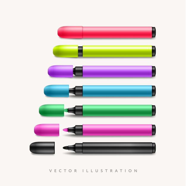 Colorful marker pens set vector illustration Children and artist pencils pack isolated on white