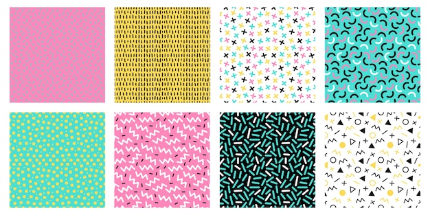 Colorful memphis seamless patterns. fashion 80s mosaic texture, color retro textures and geometric lines and dots pattern