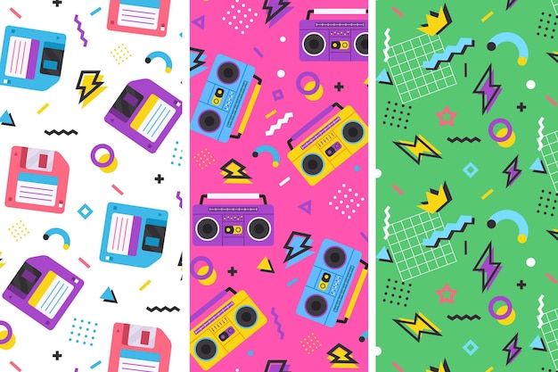 Vector colorful memphis style patterns illustration with retro design