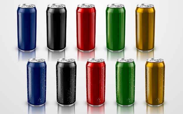 colorful metal cans with blue black red green and golden ones