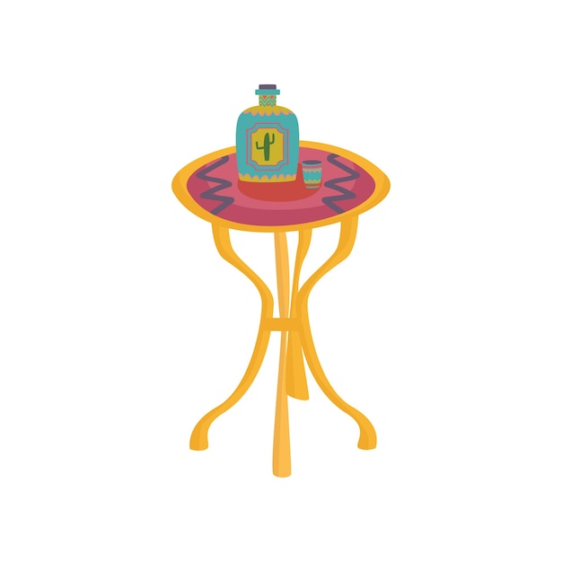 Colorful mexican table with tequila bottle cartoon vector Illustration on a white background