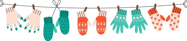 Vector colorful mittens hanging vector illustration