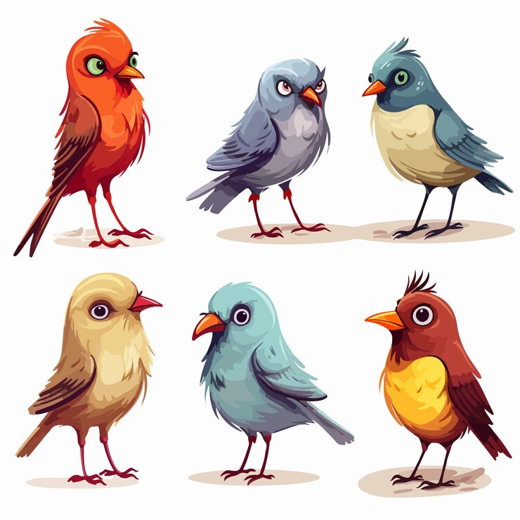 Vector colorful mixed cartoon birds collection on white background