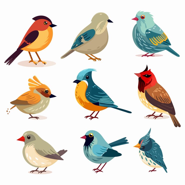 Vector colorful mixed cartoon birds collection on white background