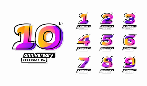 Set di logotipo colorato e moderno per la celebrazione dell'anniversario. 1, 2, 3, 4, 5, 6, 7, 8, 9, 10