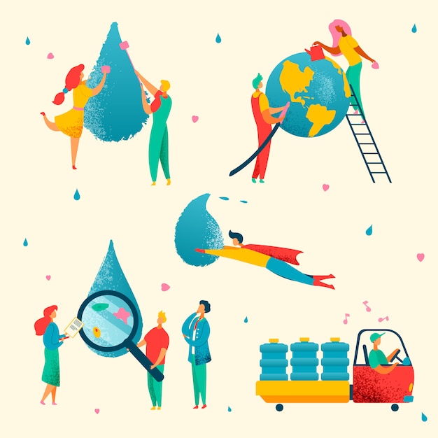 Colorful modern flat characters water saving