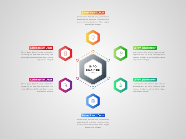 Modello di infografica moderno colorato con 6 opzioni o passaggi.