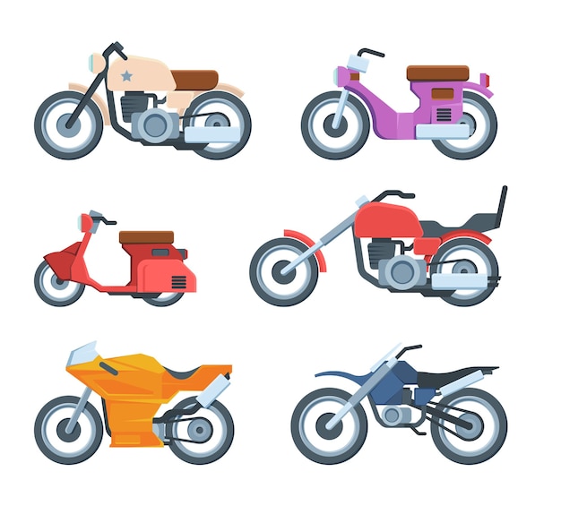 Vector colorful modern motorbike transportation flat set. different motorcycles. collection of sportive bikes. motosport transport.