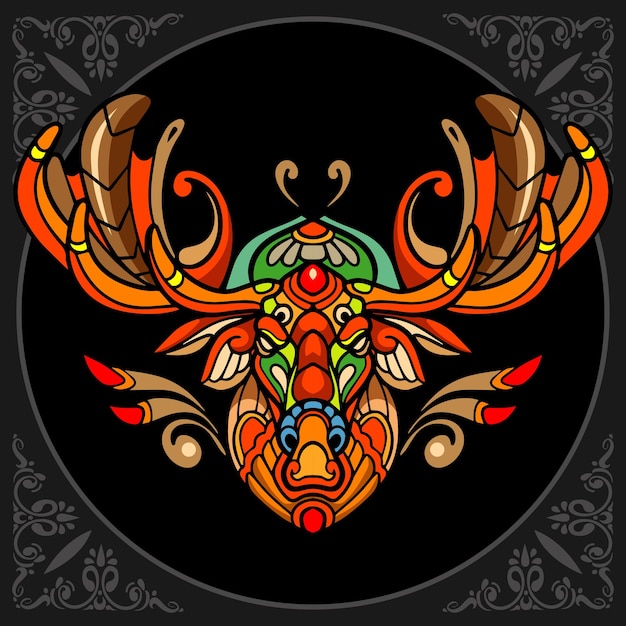 Colorful moose zentangle arts isolated on black background