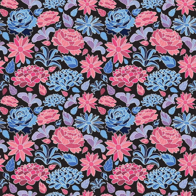 벡터 다채로운 모자이크 꽃  ⁇ 터 원활한 패턴 손으로 그린 잎과 라인 아트와 검은색 배경