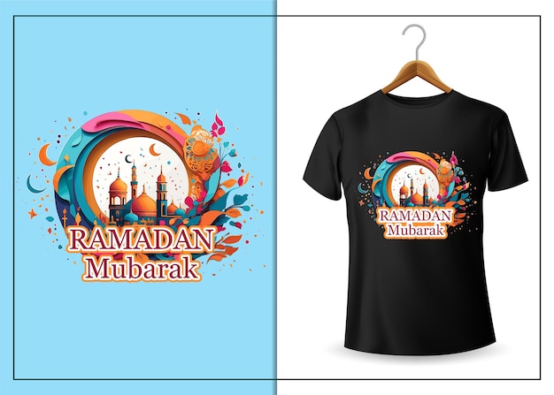A colorful mosque with a Ramadan mubarak typography vector illustration tshirt design