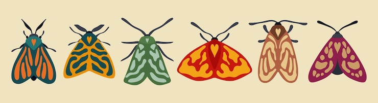 Vector colorful moth set vector illustrations six vibrant moth designs with geometric patterns each moth features unique color combinations adding diversity and interest to the collection