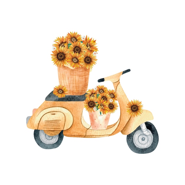 Vettore moto colorata con cestini di girasole illustrazione dello scooter disegnata a mano ad acquerello con fiori