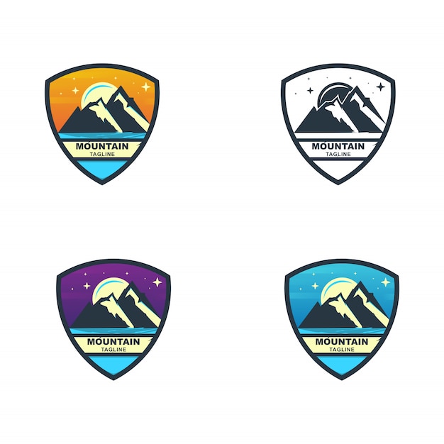 Colorful mountain adventure shield badge set