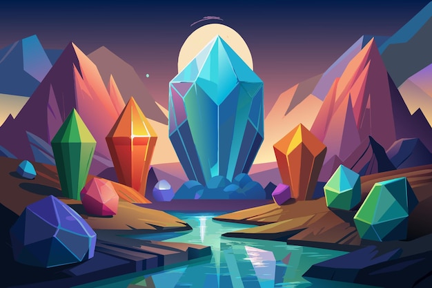 A colorful mountain landscape with a large crystal in the center