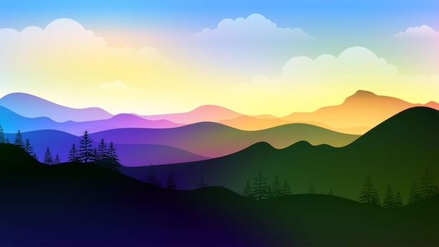 霧の朝のカラフルな山の風景 ベクトル イラスト