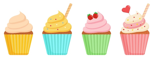 Colorful muffin set with different fillings. Vector illustration.