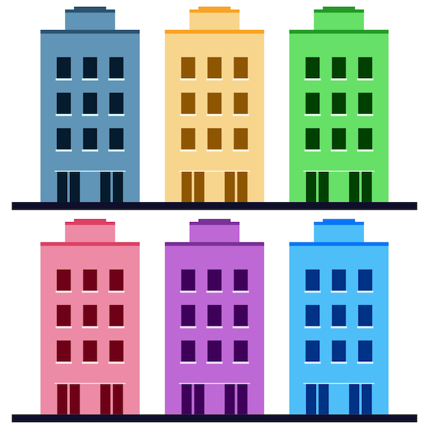 ベクトル カラフルな複数階建ての建物のフラットな要素のアイコンのゲーム資産