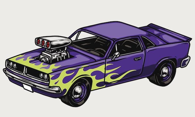 Vector colorful muscle car with flame decal in style isolated