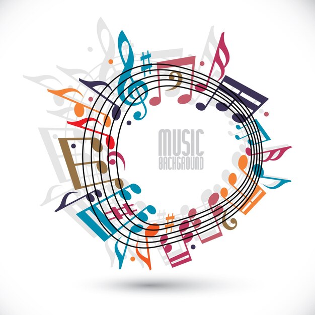 Vector colorful music background with clef and notes music sheet in rounded frame