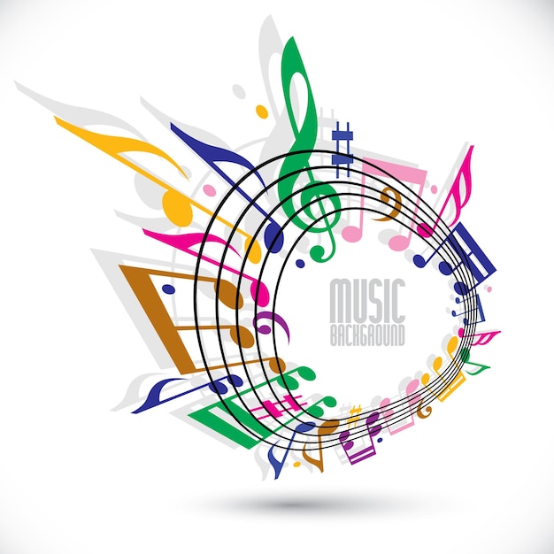 Vector colorful music background with clef and notes music sheet in rounded frame