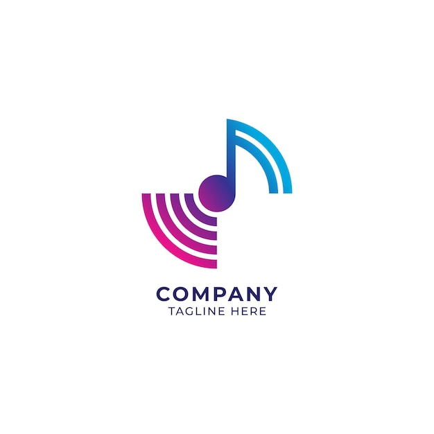 Colorful musical note with signal wave Music and Technology logo concept Blue pink and purple color gradient Vector illustration isolated on white color background