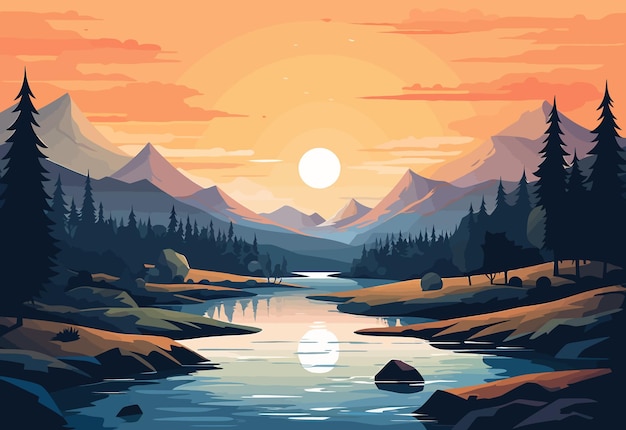 カラフルな自然イラスト 水彩画 横の太陽の光の風景