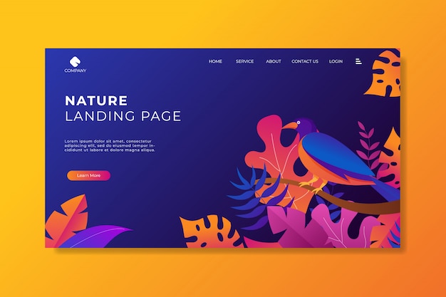 Vector colorful nature landing page with bird and leaves