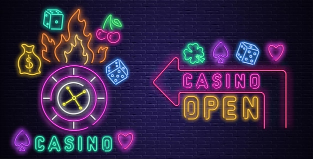 Colorful neon luminous casino and open signs on purple realistic bricklaying wall