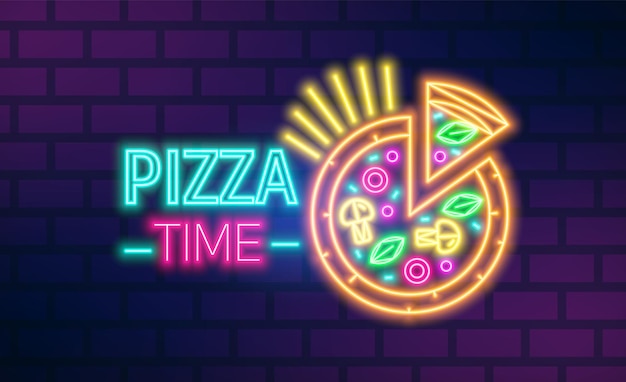 Colorful neon pizzeria signboard vector flat illustration. Bright pizza time cafe with inscription isolated on brick wall background. Glowing light sign of restaurant, cafeteria or bistro.