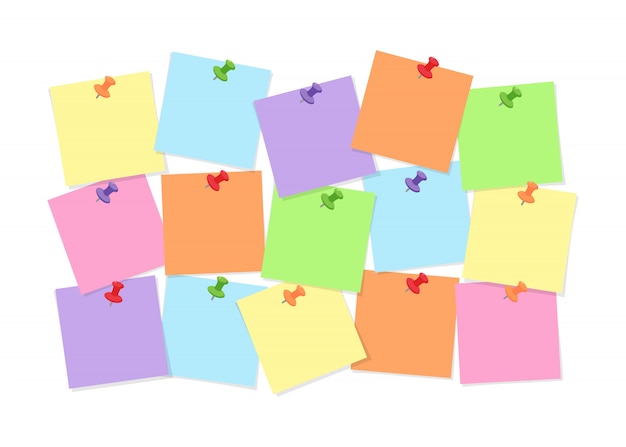 메모리 표기법, 메시지 또는 작업을위한 핀이있는 보드에 부착 된 다채로운 메모 용지
