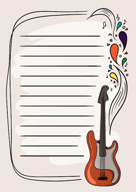 Vector colorful notebook page with musical elements and notes and bright splashes and drops