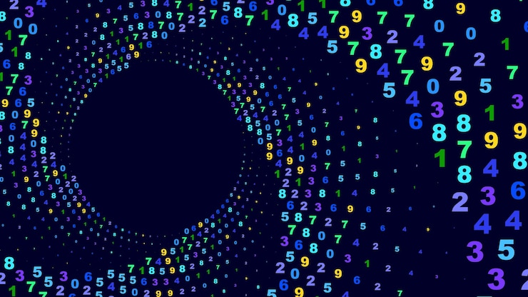 Vector colorful numbers swirling in a spiral pattern on a dark blue background abstract background