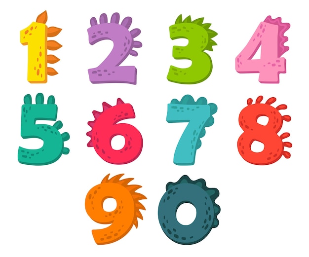 Vector colorful numbers with dinosaur spikes vector illustrations set. figures for funny card, game or invitation to birthday party for kids on white background. decoration, prehistoric monsters concept