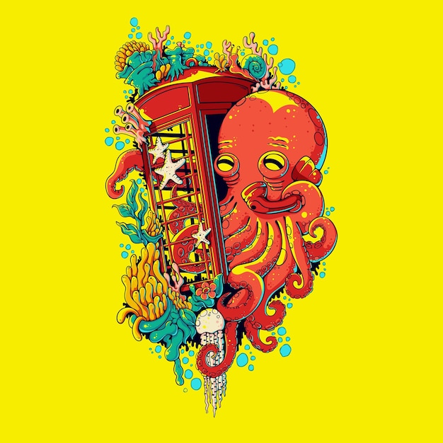 Vettore polpo colorato prendere il telefono nella cabina telefonica sotto l'acqua