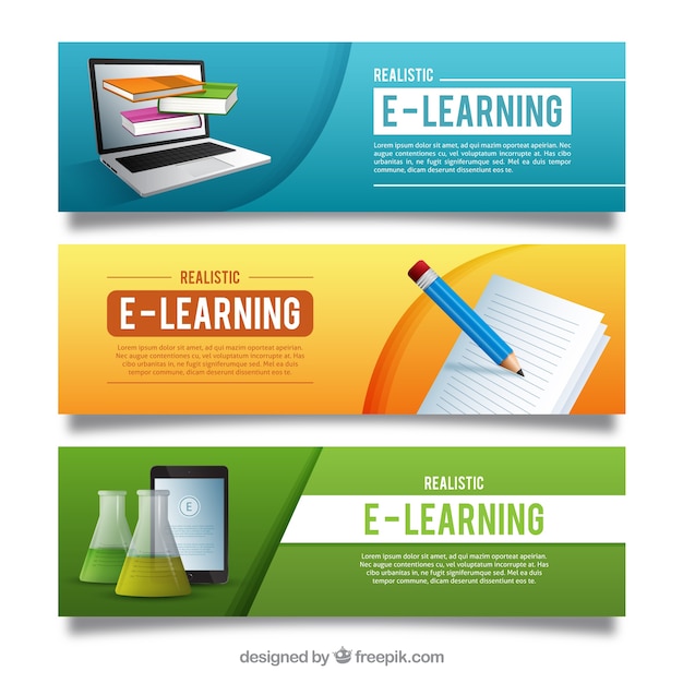 Colorful online education banners with realistic items