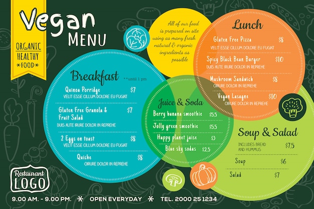 Colorful organic food vegan restaurant menu board