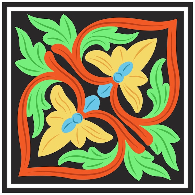 A colorful ornament tile with a flower design in the middle