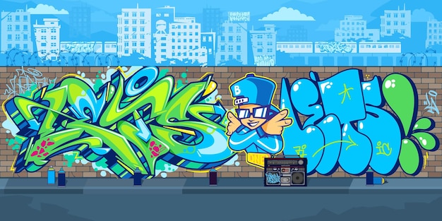 Colorful Outdoor Urban Streetart Graffiti Wall With Drawings Against The Background Of The Cityscape Vector Illustration