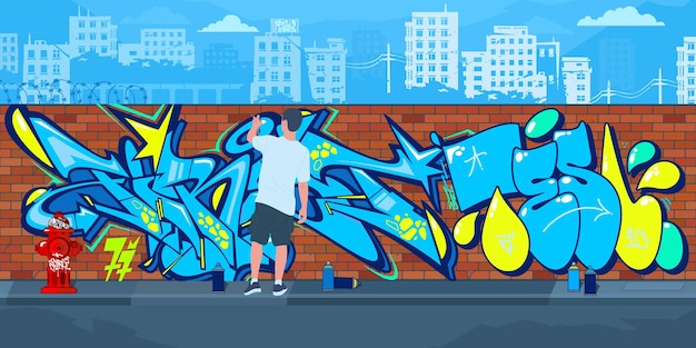 Вектор Красочная наружная городская стена граффити streetart с рисунками на фоне городской векторной иллюстрации