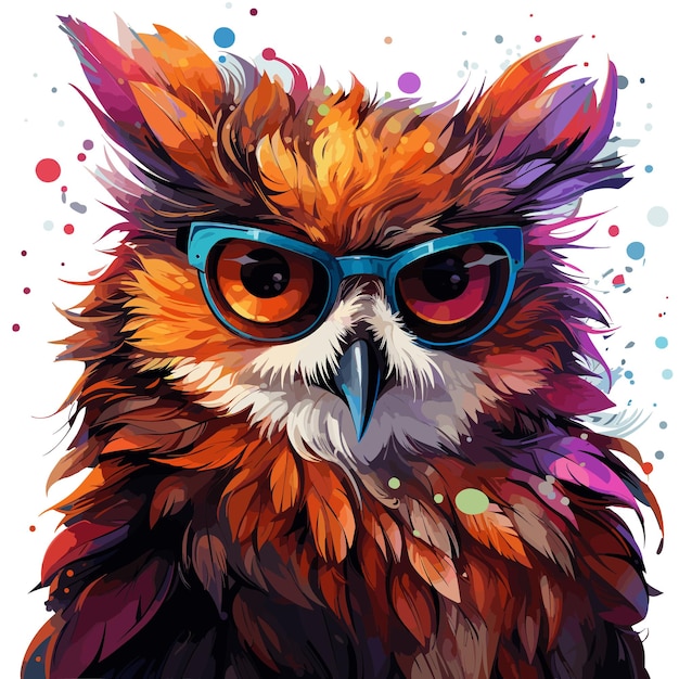 Colorful owl with sunglasses on it's head and white background