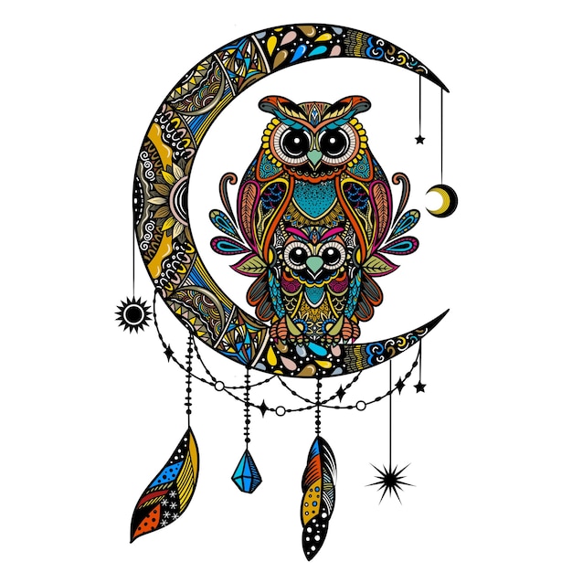 カラフルなフクロウzentangleアートイラストエスニックパターン