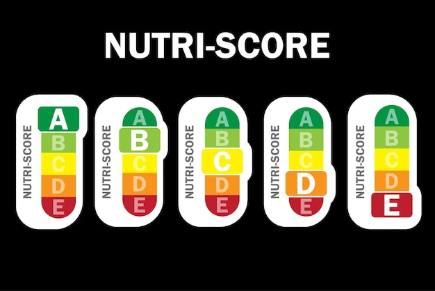 벡터 뉴트리 점수가 있는 다채로운 포장. 다른 강조 표시된 문자 집합입니다. 벡터 일러스트 레이 션.