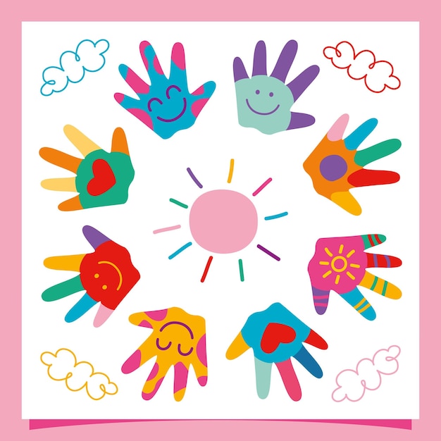 Vector colorful painted hands of little children