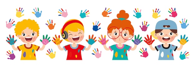 Vector colorful painted hands of little children