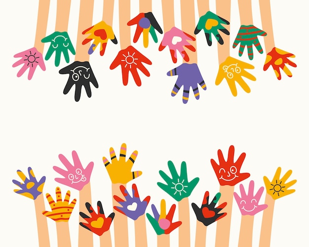 Vector colorful painted hands of little children