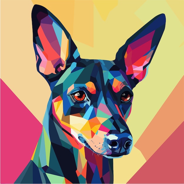 A colorful painting of a dog with a black nose and red eyes.