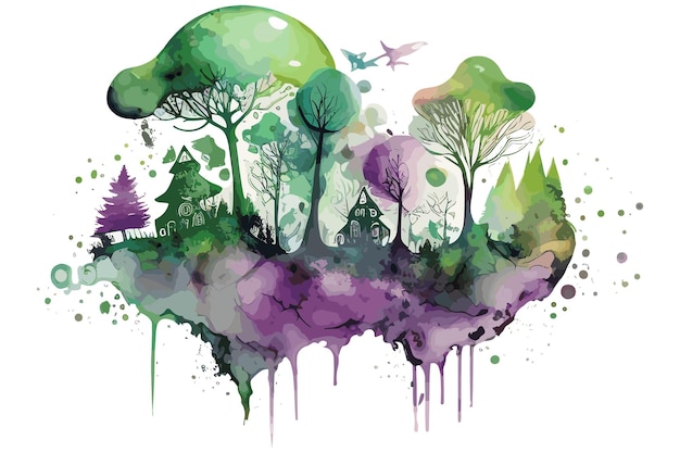 A colorful painting of a forest with a tree on it.